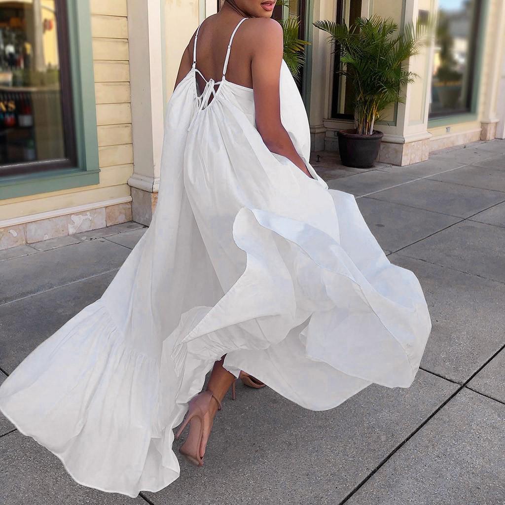 Women Fashion Casual Solid Strap Dress Pocket Loose Backless Big Swing Dress