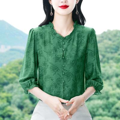 2025 Autumn New Women's Spliced   Stand-up Collar Button Print Fashion Versatile Casual Three-quarter Sleeve Shirt