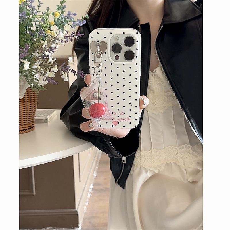 High-End 3D Cherry Pendant Polka Dot Phone Case for iPhone 17, 16 Pro Max, 15, 14