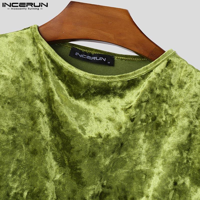 INCERUN Men One Shoulder Backless Velvet Glitter Ruffled Tops Casual T-shirts