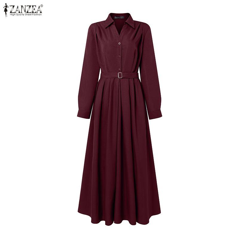 ZANZEA Women Casual Turn Down Collar Long Sleeve Loose Long Shirt Dress