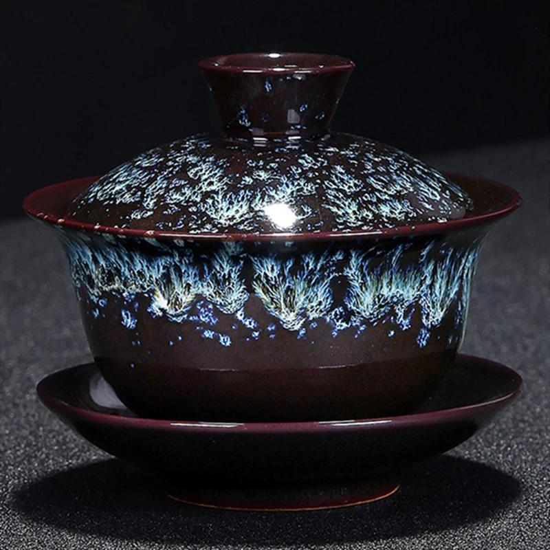 

Jingdezhen Retro Ceramic Tea Gaiwan Teacup Handmade Tea Tureen Chinese Ru Kiln Tea Bowl Luxury Tea Set Accessories Master Cup