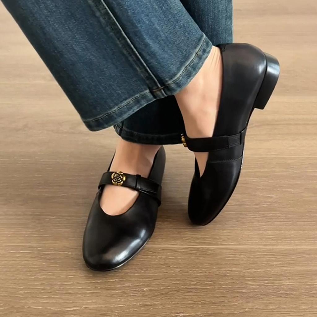 Sheepskin version~ Retro one-word small single shoes with round head women's British style camellia one-pedal flat Mary Jane shoes