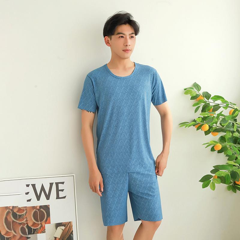 Men's Ice Silk Short Sleeve Pajama Set with Round Neck, Ribbed Shorts, and Versatile T-shirt for Indoors and Outdoors