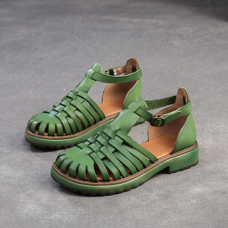 Johnature Pantofi de damă din piele naturală în stil roman retro, cu țesut, respirabil