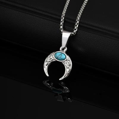 Turquoise Moon Pendant Necklace for Men Boys,copper Color Stainless Steel Collar,Ethnic Retro Gift