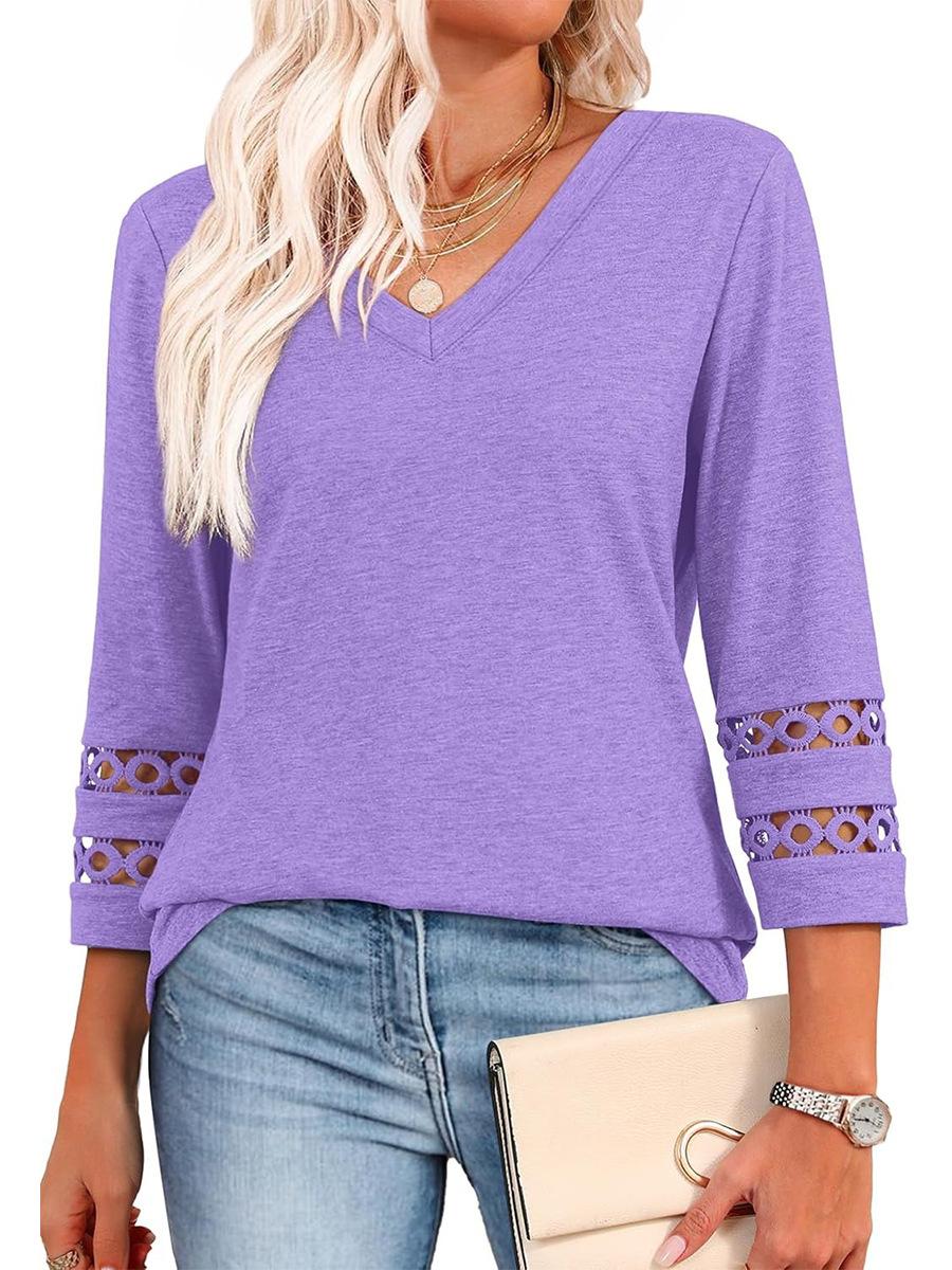 

Women s V-Neck 3/4 Sleeve Top with Lace Trim Sleeves S светло-фиолетовый