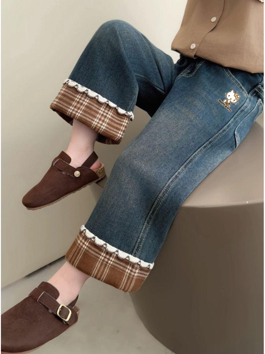 

Hello Kitty Children s Autumn Jeans with 2025 Hem Plaid Patchwork Design for Girls 110 синій