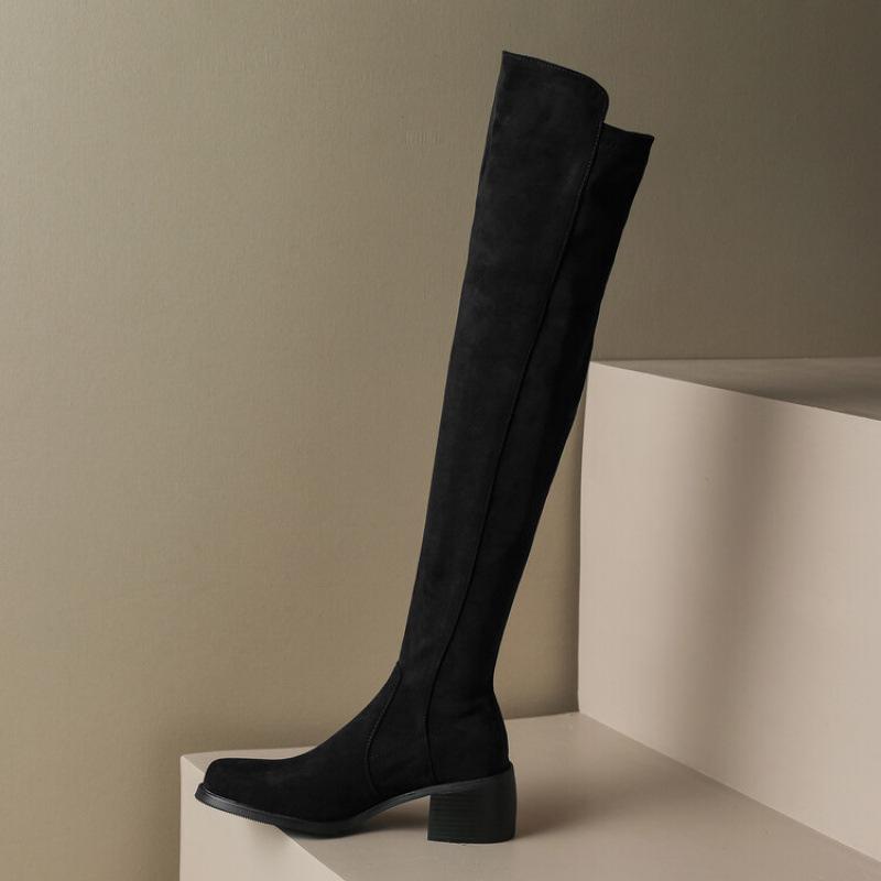 

Осенне-зимние новые замшевые ботфорты женские на молнии с круглым носком на толстой подошве нескользящие на среднем каблуке большого размера женская обувь квадратный каблук wo 39