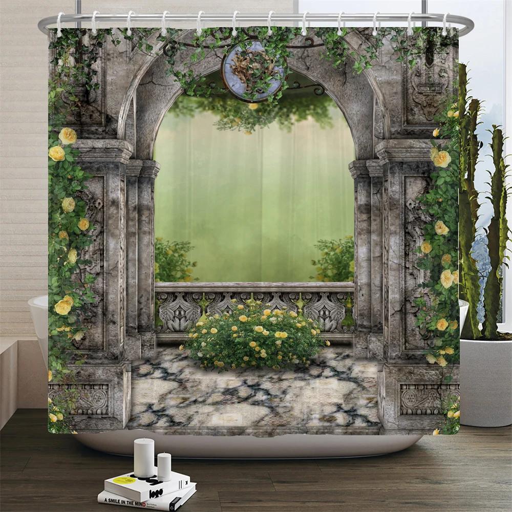 3D Waterproof Fabric Shower Curtains European Style Arched Flower Printed Bath Curtain Large 240X180 With Hooks Bathroom Screen