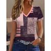 Geometric Color Block Splicing Full Print V-neck Short Sleeved T-shirt Casual Fashion Short Sleeved Women's Summer