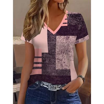 Geometric Color Block Splicing Full Print V-neck Short Sleeved T-shirt Casual Fashion Short Sleeved Women's Summer