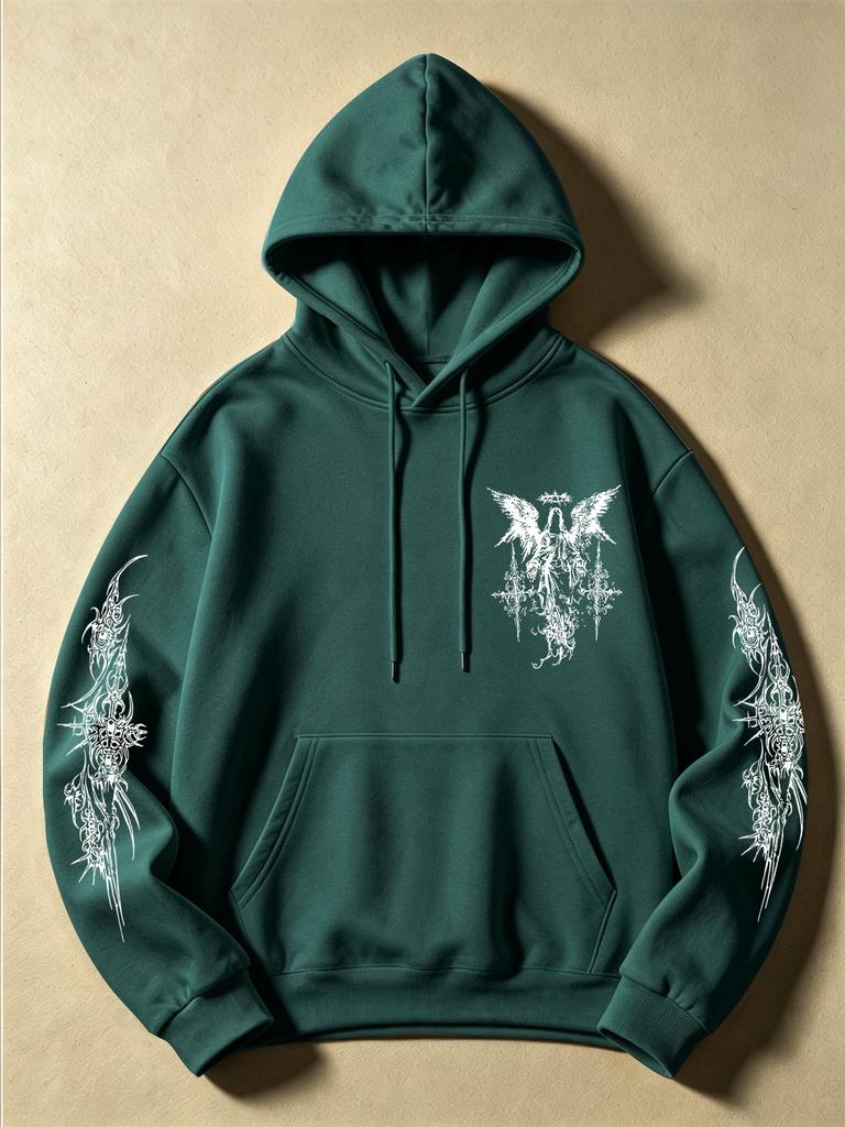 Dark Style Angel Cross Print Hoodie for Men, Double Sleeve ThornPatternDesignDrawstring Hooded Sweatshirt, Streetwear Trendy Versatile Long Sleeve Top