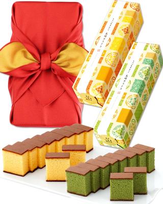 Nagasaki Shinsendo Geschenk Neue Süßigkeiten Geschenk Japanische Süßigkeiten Castella 2 Flaschen Sortiment Furoshiki verpackt Akebono Plain Matcha WGTP Jahresende Jahres