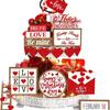 15 Pcs Valentine's Day Tiered Tray Decorations Set Heart Wood Sign Farmhouse Table Decor Love Theme Centerpieces for Home Decor Wedding Party Gift
