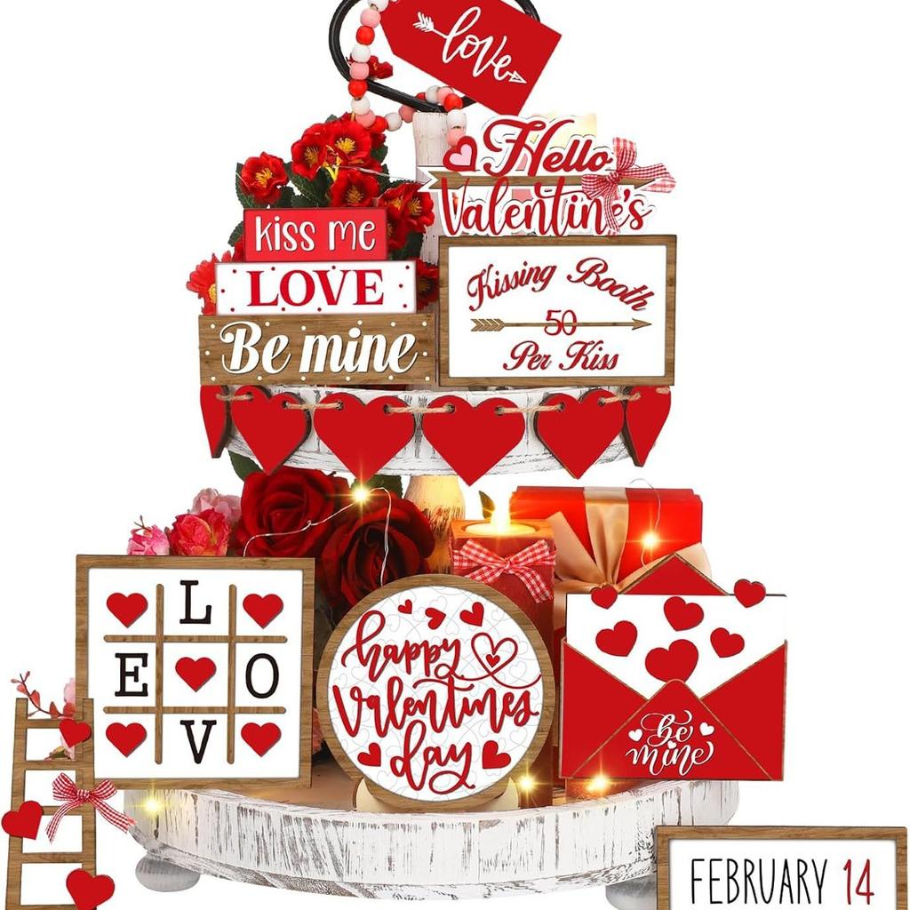 15 Pcs Valentine's Day Tiered Tray Decor, Heart Wood Sign Farmhouse Table Decor Love Theme Centerpieces for Home Decor Wedding Party Gift