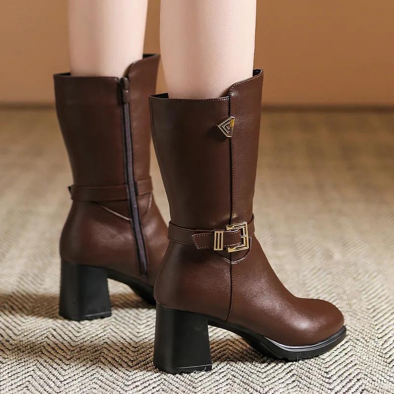7cm Fashion Block High Heels Shoes Women Boots Fall Winter 2025 Mid Leg Soft Leather Warm Fur Motorcycle Boots for Office Mom