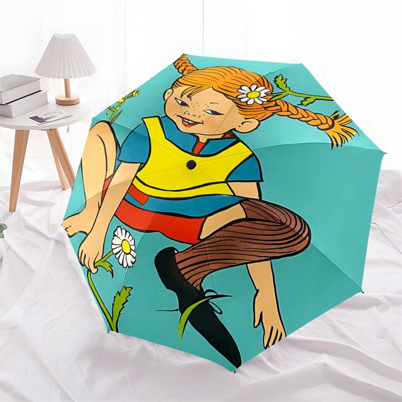 Pippi Langstrumpf Themen-ReiseregenSchirm - 8 Rippen, Automatisches Öffnen und Schließen, Tragbares FaltDesign, Kompakter und Stilvoller Schirm Geeignet