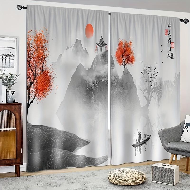 2pc Chinese Ink Painting Red Flower Printed Curtain For Bedroom Office Kitchen Living Room Rod Pocket Window Treatment For Home