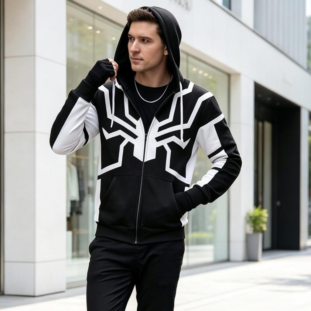 Unisex Casual Loose Fit Long Sleeve Hooded Jacket with Printed Pocket
