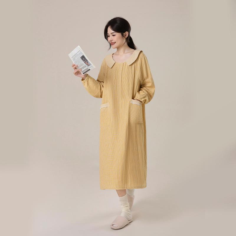 2025 Autumn Women's Soft Breathable Cotton Gauze Long Dress - Casual Home & Nightwear