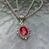 Gothic sliver color Oval lacework red crystal pendant double-layer necklace for Women Halloween party Vampire Bride Jewelry Gift
