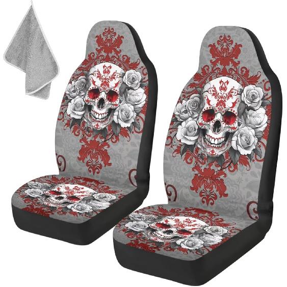 Gothic Skull Car Seat Covers Highback Bucket Seat Cover Universal Front Bucket Seat Cover,2pcs Universal Fit, Halloween Bat Auto Accessories