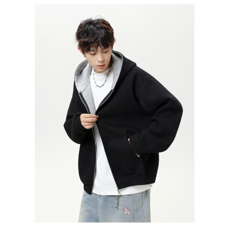 Men Heavy Weight American Color Block Loose Hooded Long Sleeve Zip Up Casual Hoodie Jacket