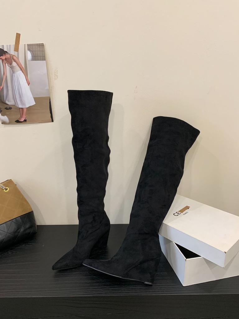 2025 Autumn and Winter New Big Tube Circumference Pointed Toe Over the Knee Boots Slope Heel High Boots Slope Heel Boots Stacking Boots