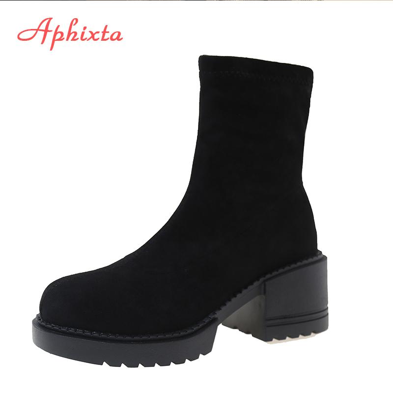 Fashion Aphixta 6cm Square Heel Black Ankle Boots Cotton Fabric Women Concise Platform Lady Footwear Shoes Women Warm Sock Boots Size 42
