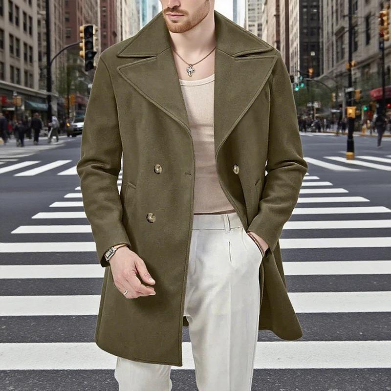England Style Men's Double-Breasted Coats Autumn Woolen Outerwear Men Vintage Solid Color Turn-Down Collar Long Jacket