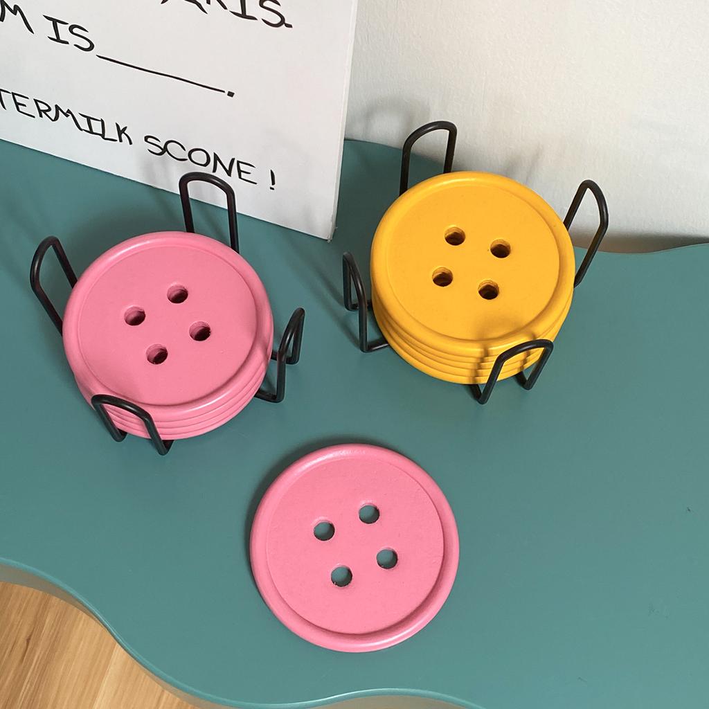 6-Piece Original Colorful Button Coaster Set with Cross-Shaped Iron Rack Coaster Holder Dopamine Round Wooden Coasters Exquisite Coffee Cup Holders