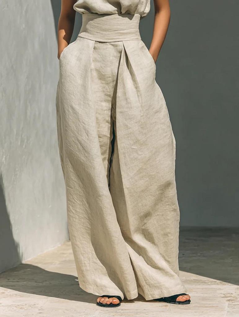 Colección Europea Primavera 2026: Conjunto de Top sin Mangas y Pantalones de Pierna Ancha de Mezcla de Algodón y Lino de Color Sólido para Mujer