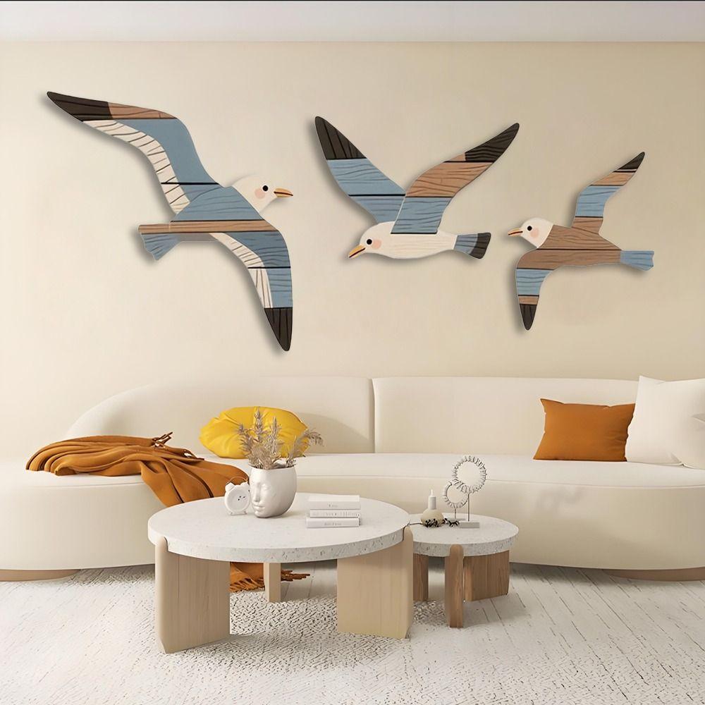Vintage 3PCS Set Seagull Wall Decorations Wooden Coast Theme Wall Art Handcrafted Marine Bird Decor Home Decoration