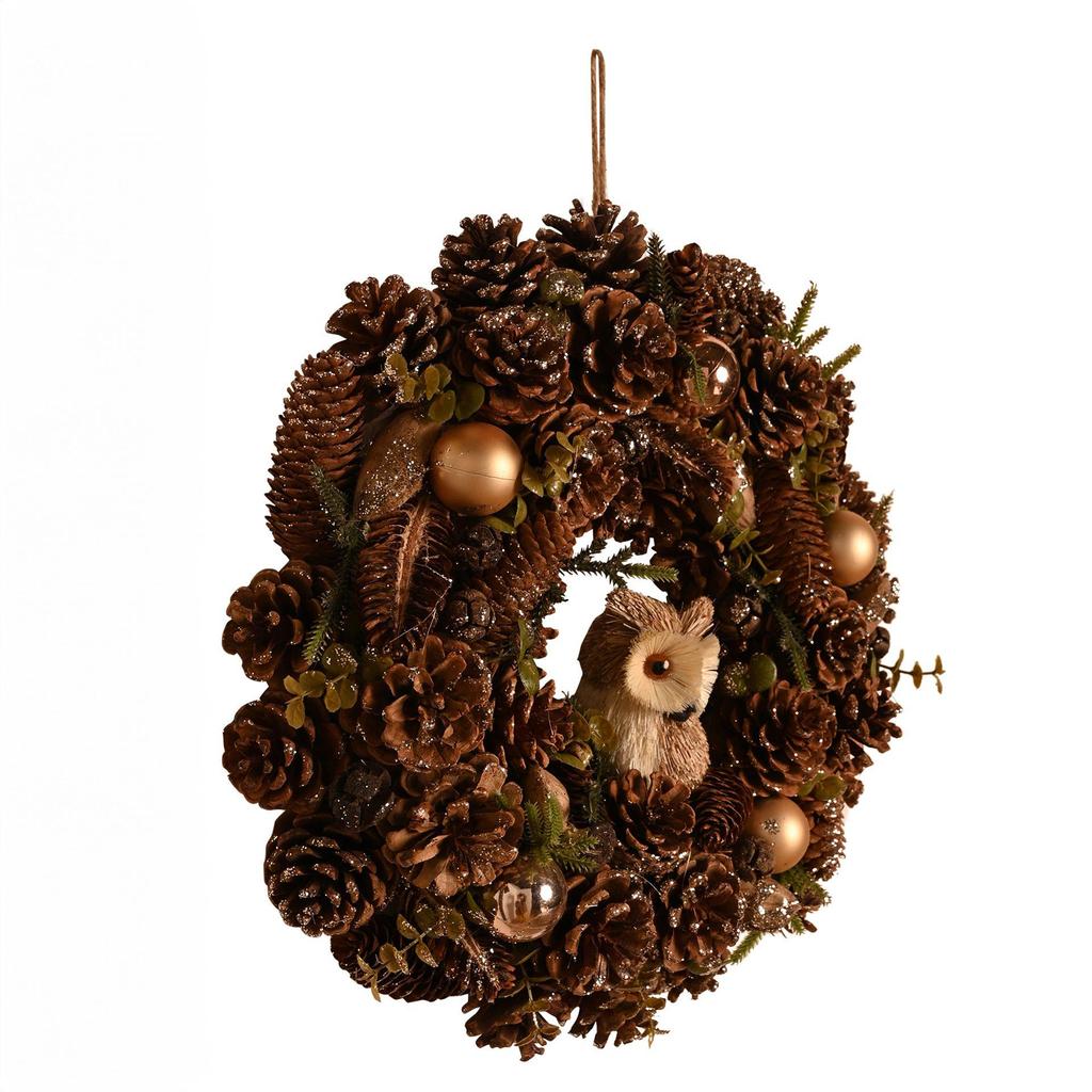Gold Glitter Pinecone Wreath with Owl 38cm