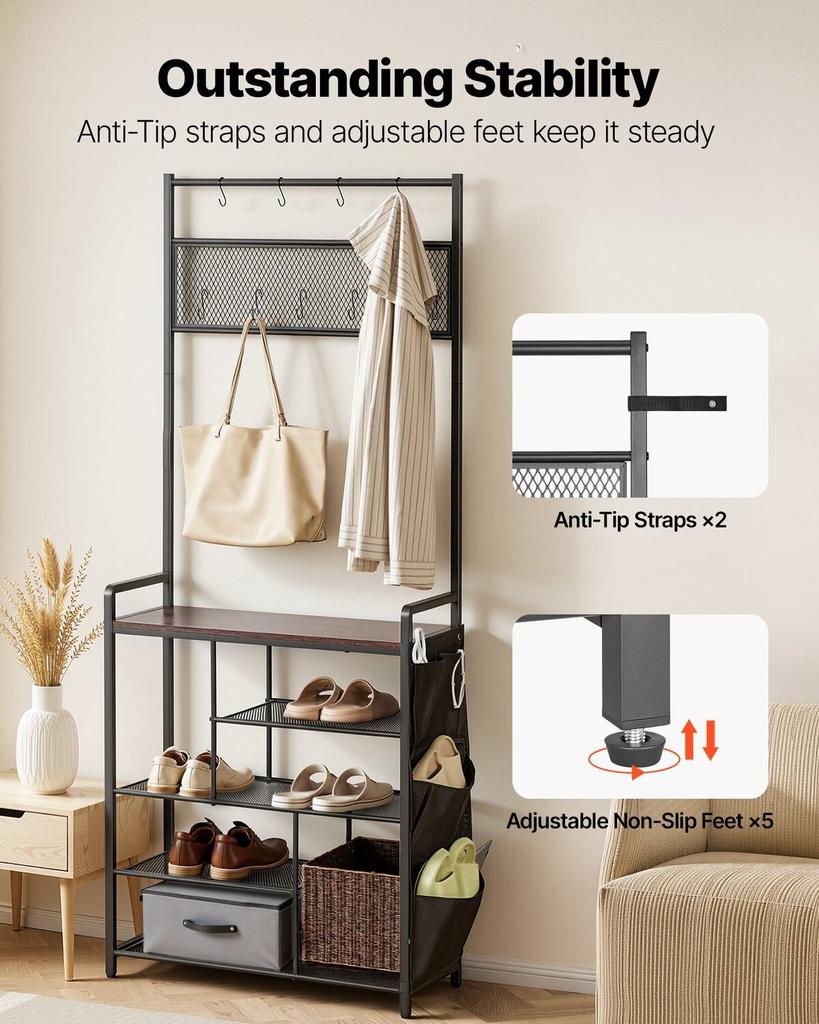 Hall Tree, 1800 mm Coat Rack with Shoe Storage, Freestanding 4-Tier Shoe Rack Organizer with Hooks, Side Pocket and Wire Shelf, Steel Frame Entrance