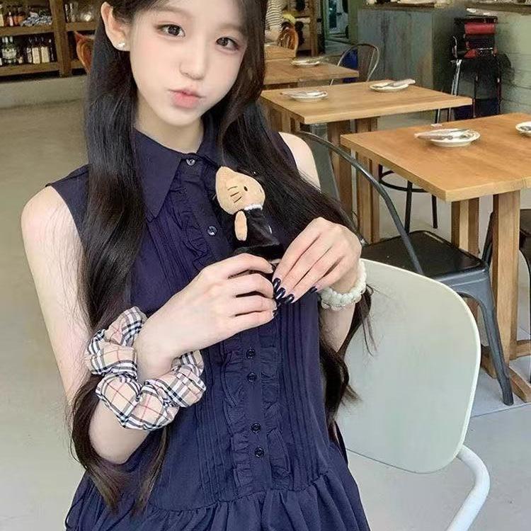 Korean college style waist thin shirt dress women's summer new navy blue sleeveless vest short skirt