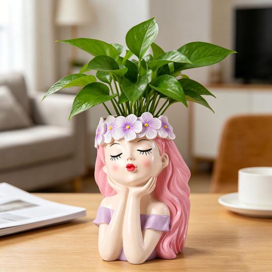 Small Fairy Head Planter Resin Girl Face Flower Pot Cute Cactus Pot for Balcony Yard Garden Desk Decor Gift for Women