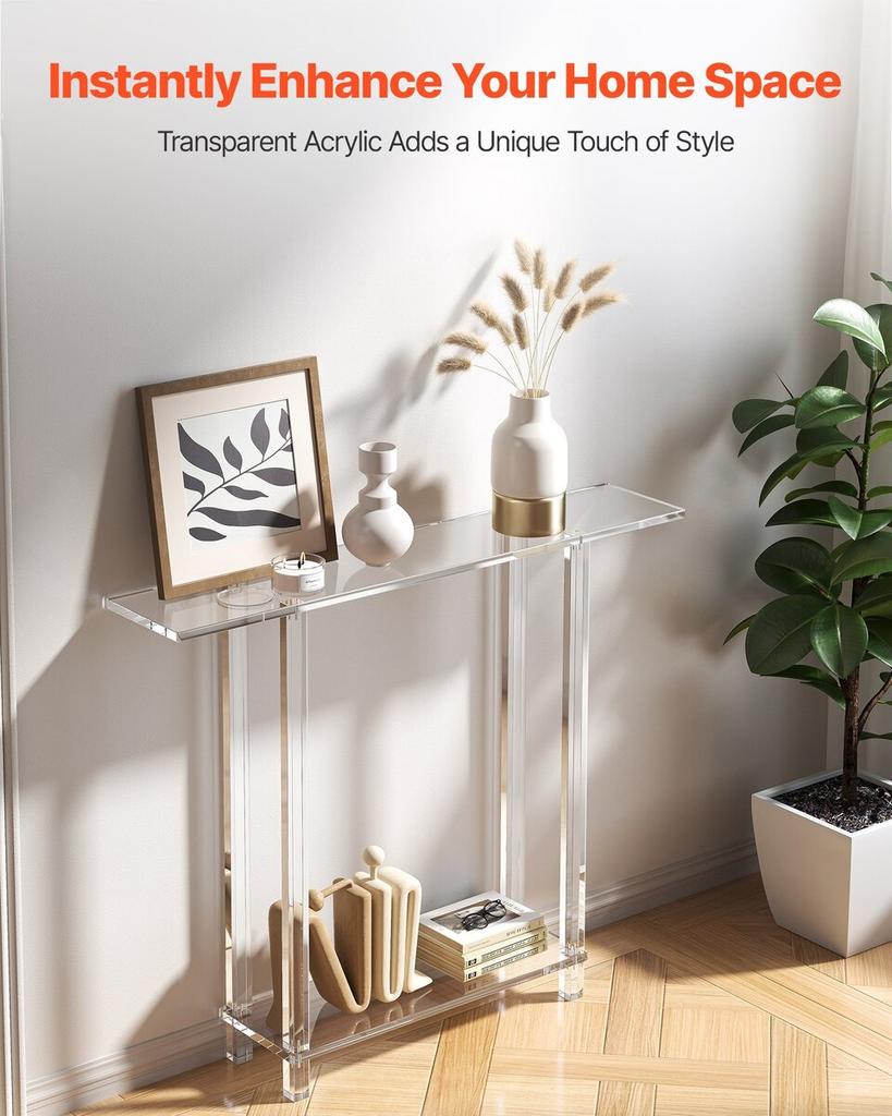 Acrylic Console Table, 2 Tiers Narrow Side Desk with Bottom Open Storage, Modern Rectangle Acrylic End Table, Transparent Entry Desk for Foyer,