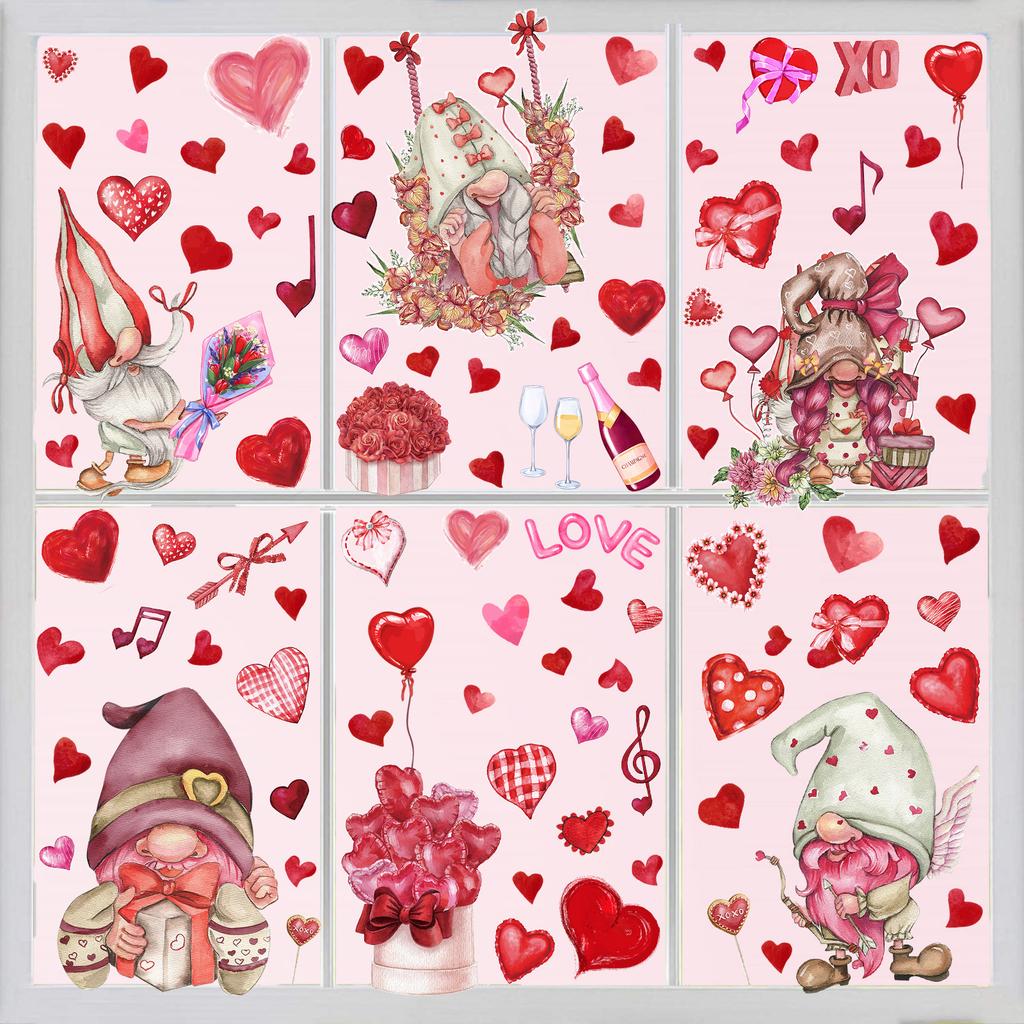 9Pcs 20x30cm Valentine’s Day Window Stickers Cute Watercolor Red Heart Pattern Electrostatic Sticker Wedding Party Home Decor