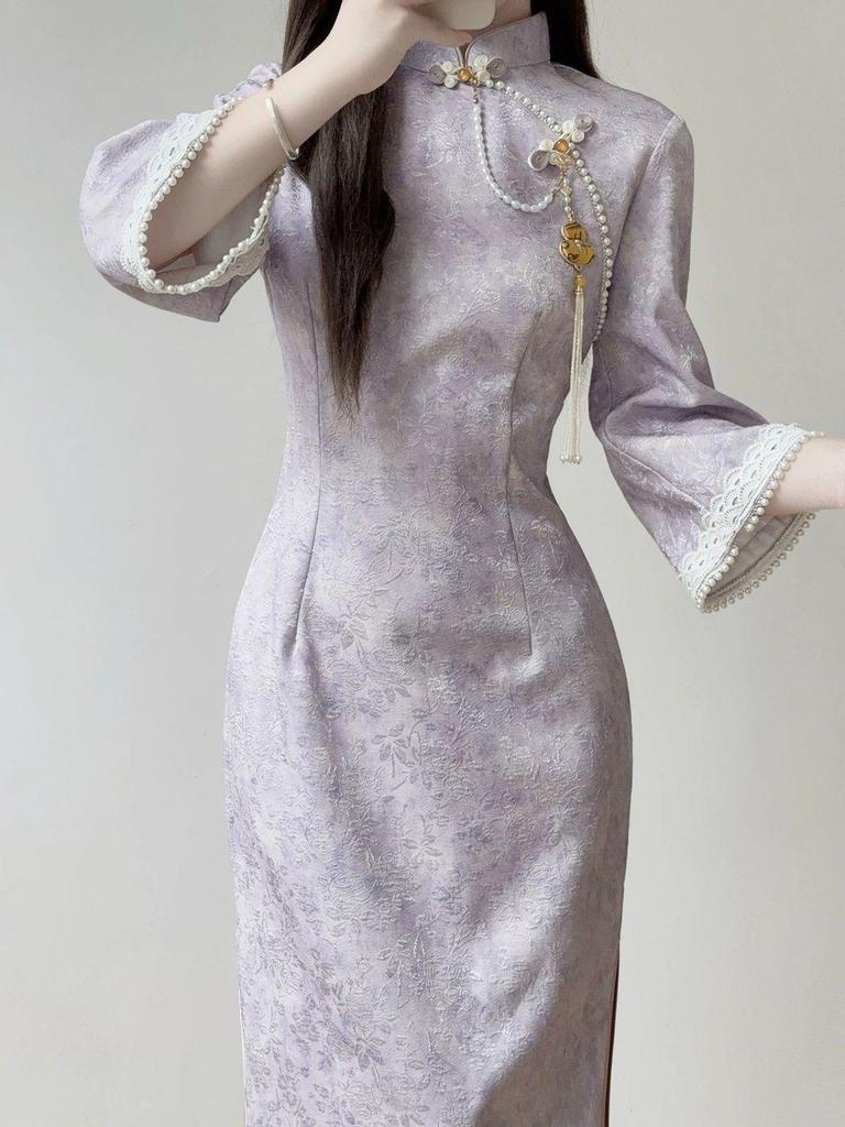 2025 New Autumn Purple Qipao with Inverted Sleeves – Gentle and Brightening for Young Women