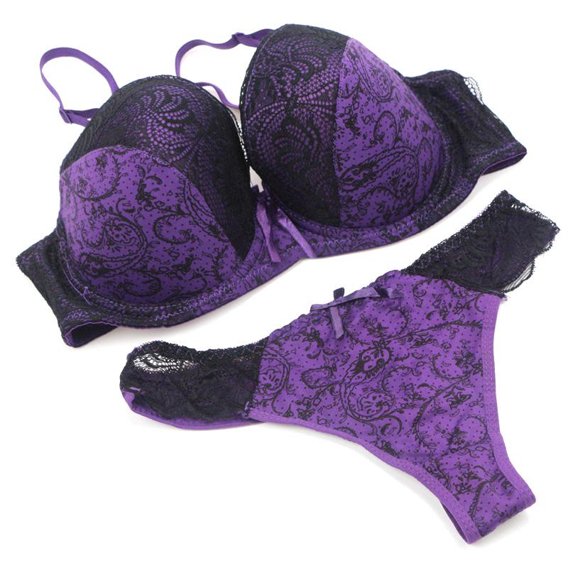 French-style Printed Sexy Lace Push-up Bra and Thong Set Fashionable Lingerie and Panties