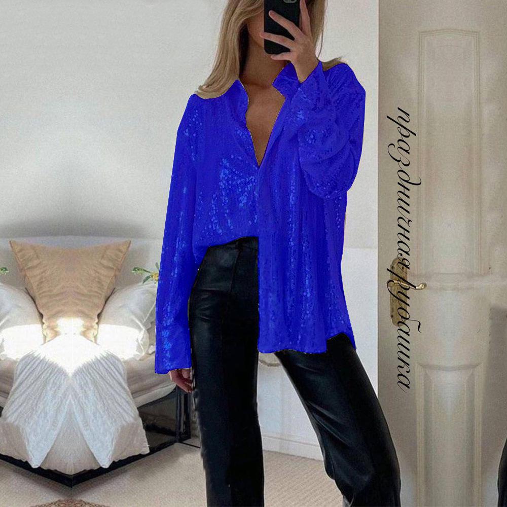 2025 Autumn/Winter European & American Sequin Long Sleeve Turn-Down Collar Sexy Women's Shirt Jacket