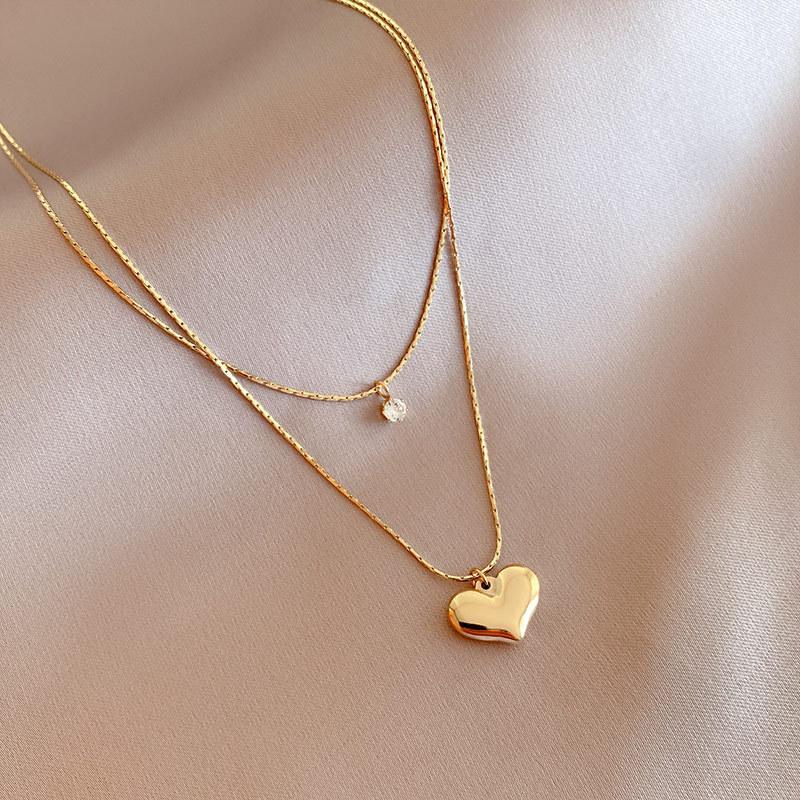316L Stainless Steel New Fashion Upscale  2 Layer Zircon Love Heart Charms Chain Choker Necklaces & Pendants For Women