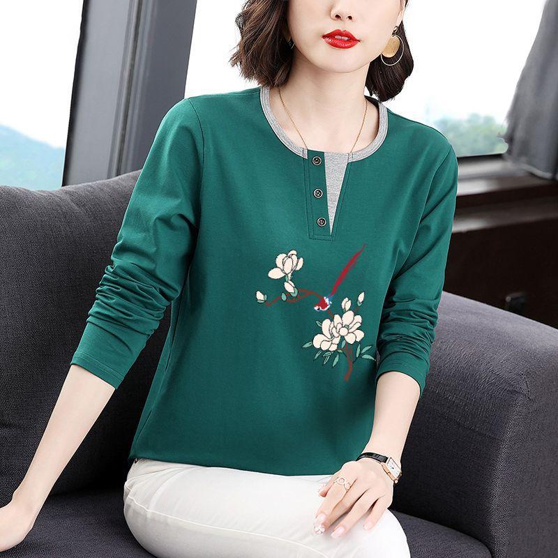 Spring and Autumn New Long Sleeve T-shirt Splicing Printed Loose Bottom Top
