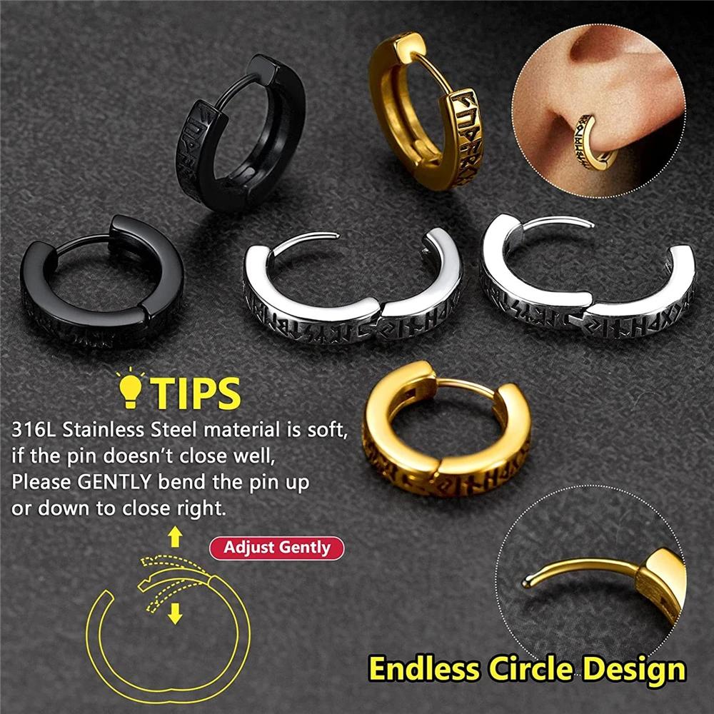 1Pair 12mm Norse Runes Viking Hoop Earrings For Men Woman Punk 316L Stainless Steel Huggie Hoop Vintage Scandinavian Ear Jewelry