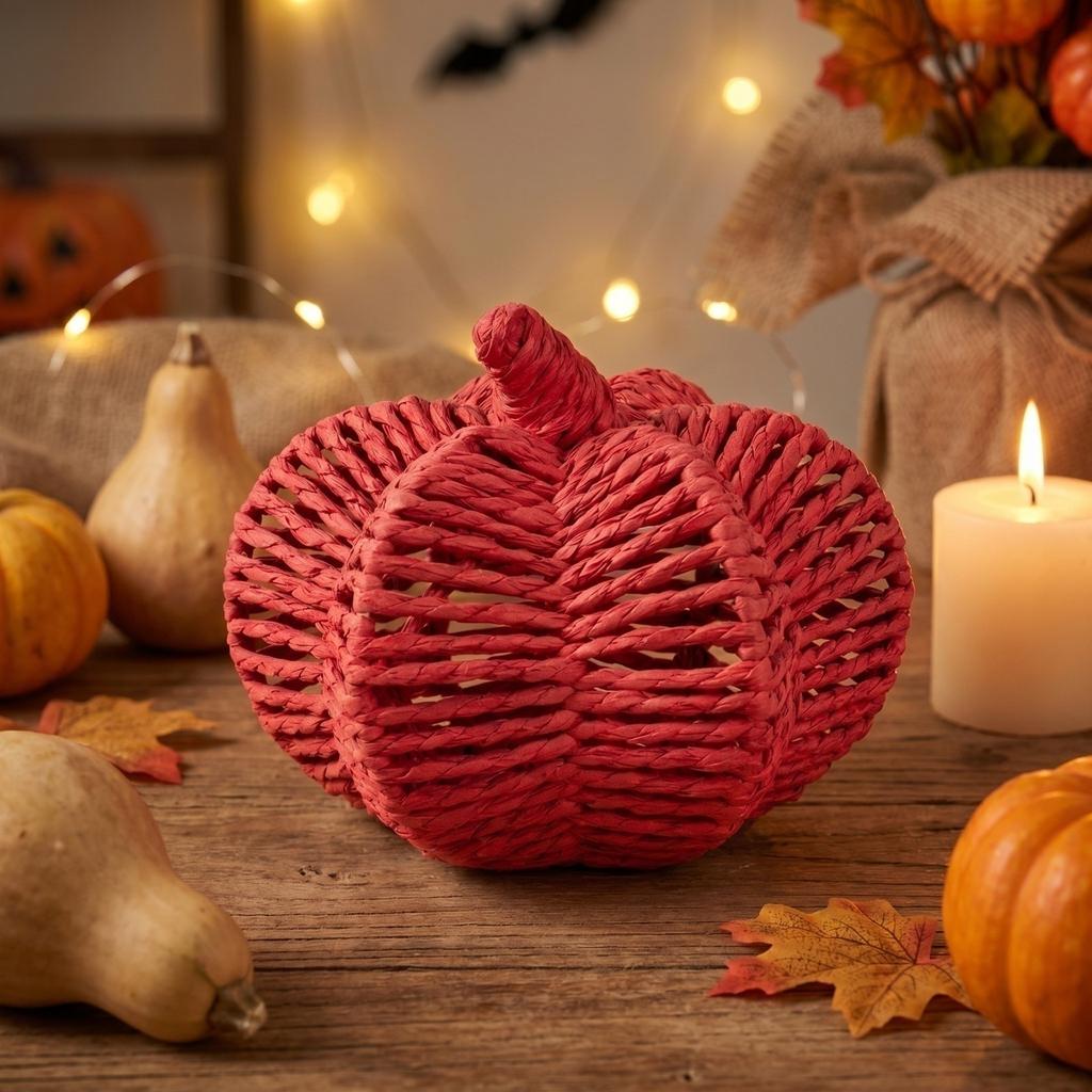 Woven Pumpkin Decoration for Tabletop - Rustic Fall Home Decor Ornament with, 3D Shape