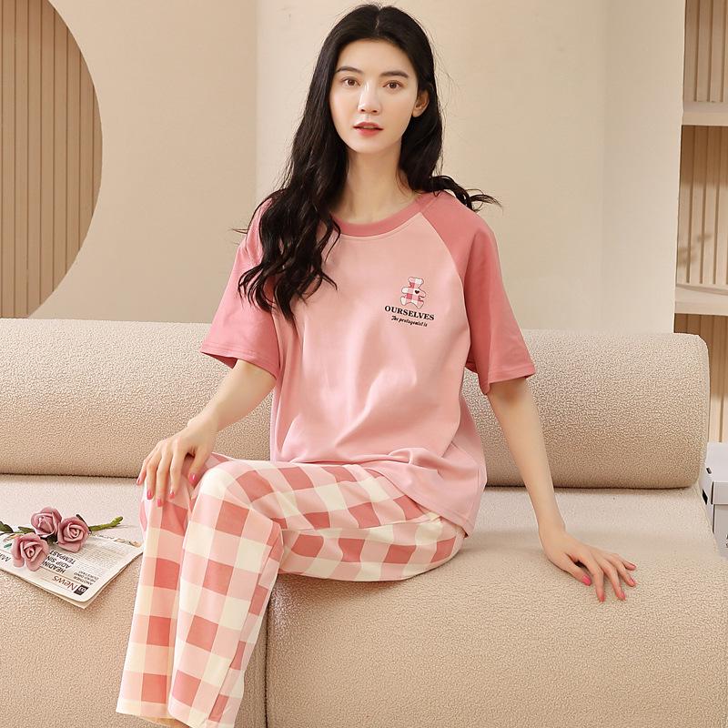 2024 Women's Summer Pajama Set: Pure Cotton, Short Sleeve, Long Pants - Lightweight and Casual for Indoors or Outdoors