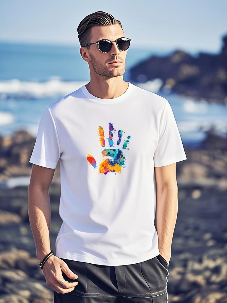 Mens Colorful Hand print Pattern Cotton Tshirt Black Casual Street Style Round Neck Short Sleeve Micro Elastic Four Seasons