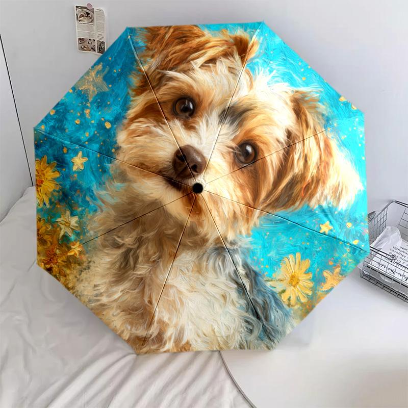 0106 Floral Dog  pattern, automatic folding umbrella, portable and foldable design, 8 ribs, a Christmas or birthday gift.